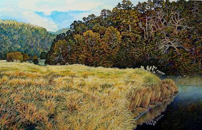 "Urewera Dawn" - Painting by John Ruth, a painter from Hawke's Bay, New Zealand.