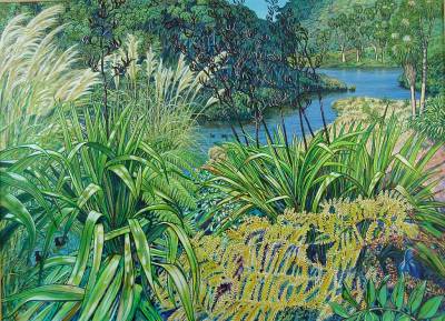 "Karori Bird Sanctuary" - Acrylic on Board (commissioned work) - Painting by John Ruth, a painter from Hawke's Bay, New Zealand.