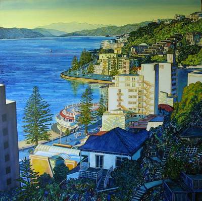 "Oriental Parade 1" - Acrylic on Board - Painting by John Ruth, a painter from Hawke's Bay, New Zealand.