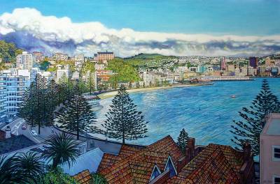 "Early Morning - Oriental Parade" - Painting by John Ruth, a painter from Hawke's Bay, New Zealand.