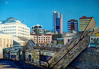 "Civic Square" - Acrylic on Board - Painting by John Ruth, a painter from Hawke's Bay, New Zealand.