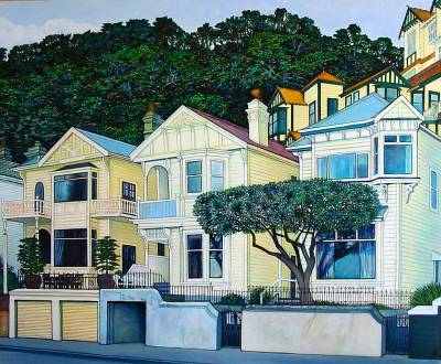 "3 Sisters, Oriental Parade" - Acrylic on Board - Painting by John Ruth, a painter from Hawke's Bay, New Zealand.