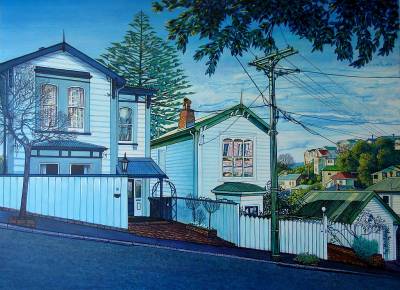 "Upton Tce, Thorndon" - Acrylic on Board - Painting by John Ruth, a painter from Hawke's Bay, New Zealand.