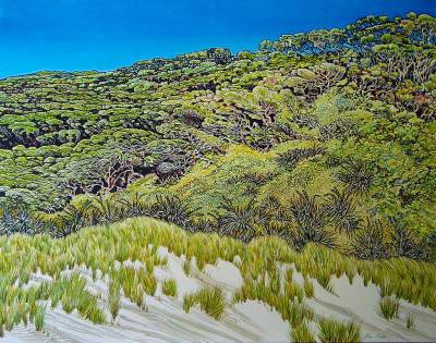 "Wild West Coast - Wharariki Beach" - acrylic on board - Painting by John Ruth, a painter from Hawke's Bay, New Zealand.