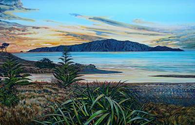 "Kapiti Sunset" - Acrylic on Board (commissioned work) - Painting by John Ruth, a painter from Hawke's Bay, New Zealand.