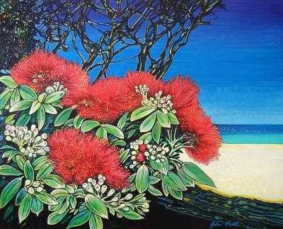 "Pohutukawa" - Acrylic on Board - framed - Painting by John Ruth, a painter from Hawke's Bay, New Zealand.