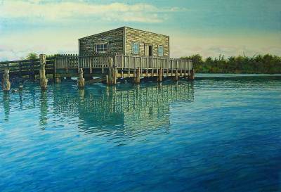 "Okarito Wharf" - Acrylic on Board - Painting by John Ruth, a painter from Hawke's Bay, New Zealand.