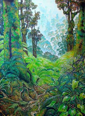 "Misty Bush" - Acrylic On Board (Framed) - Painting by John Ruth, a painter from Hawke's Bay, New Zealand.