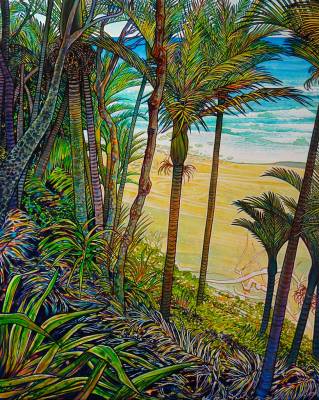 "Coastal Nikau" - Acrylic on Board - Painting by John Ruth, a painter from Hawke's Bay, New Zealand.