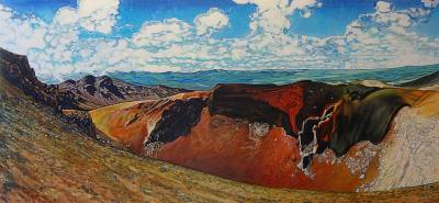 "Red Crater - Tongariro Crossing" - Acrylic on Board - Painting by John Ruth, a painter from Hawke's Bay, New Zealand.