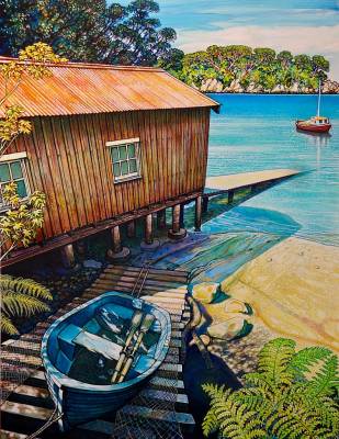 "Boat Shed" - Rakiura/Stewart Island 2019 - Painting by John Ruth, a painter from Hawke's Bay, New Zealand.