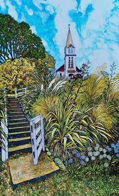 "Motukaraka Church, Hokianga" - Acryllic on Board - Painting by John Ruth, a painter from Hawke's Bay, New Zealand.