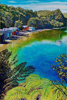 "Boatsheds, Rakiura" - Acrylic on Board - Painting by John Ruth, a painter from Hawke's Bay, New Zealand.