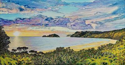 "Sunrise over Anaura Bay" - Acrylic on Board - Painting by John Ruth, a painter from Hawke's Bay, New Zealand.