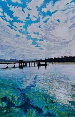 "Kohukohu Wharf, Hokianga" - Acrylic on Board - Painting by John Ruth, a painter from Hawke's Bay, New Zealand.