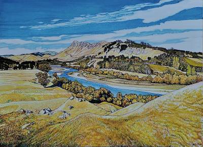 "Te Mata & Tukituki River" - Acrylic on Board - Painting by John Ruth, a painter from Hawke's Bay, New Zealand.