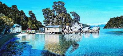 "Boatsheds - Rakiura" - Acrylic on Board - Painting by John Ruth, a painter from Hawke's Bay, New Zealand.