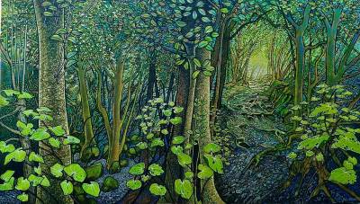 "Karaka Trees & Kawakawa" - Acrylic on Board - Painting by John Ruth, a painter from Hawke's Bay, New Zealand.