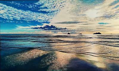 "Low Tide at Kairākau Beach" - Acryliic on Board - Painting by John Ruth, a painter from Hawke's Bay, New Zealand.